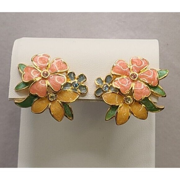 Joan Rivers Enamel & Rhinestone Flower Stud Earrings Pink, Green & Blue - Picture 1 of 5